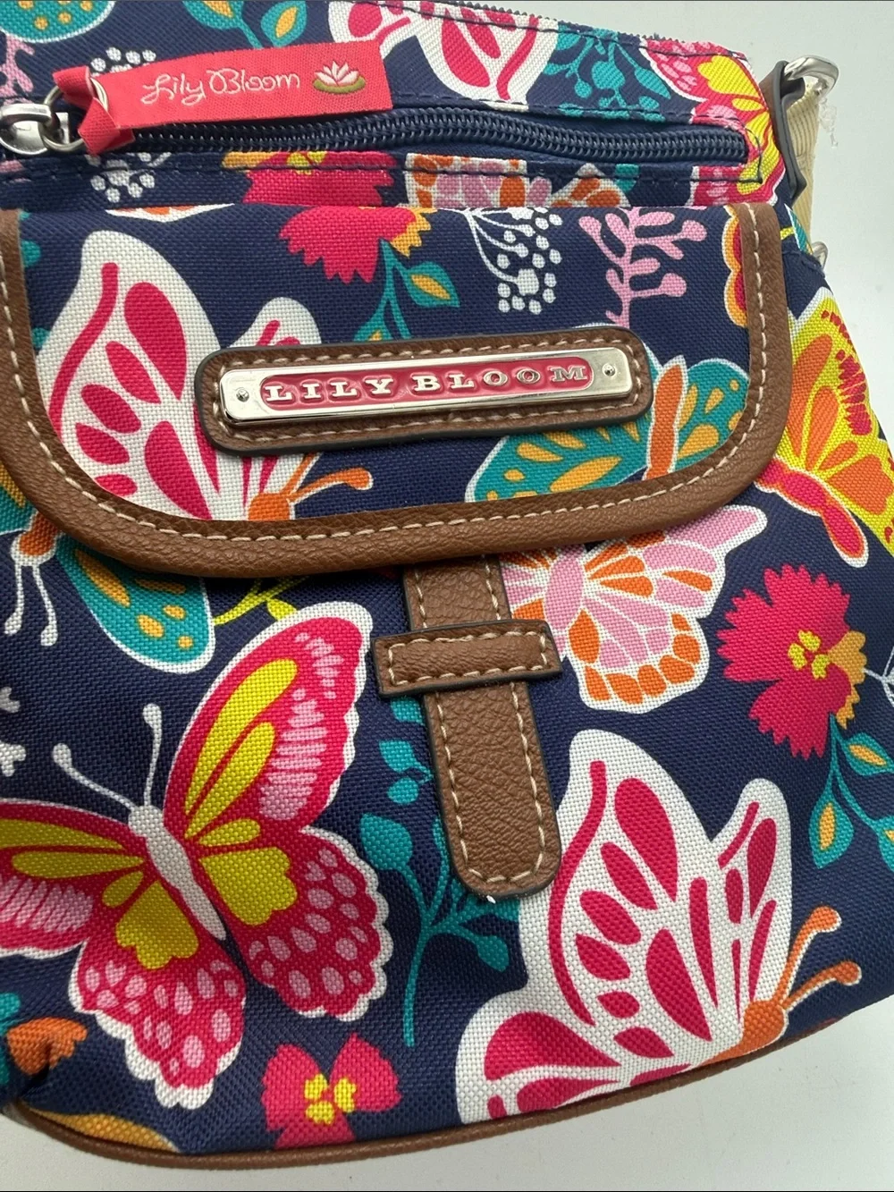 Lily Bloom Navy Floral & Butterfly mini Crossbody with Cream Strap 7.5”x7.5”